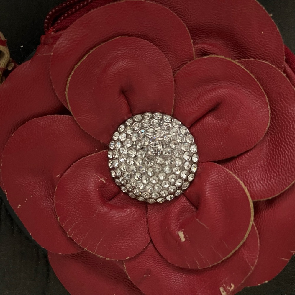 USED-Leather Red Flower Change Purse with Silver Accents